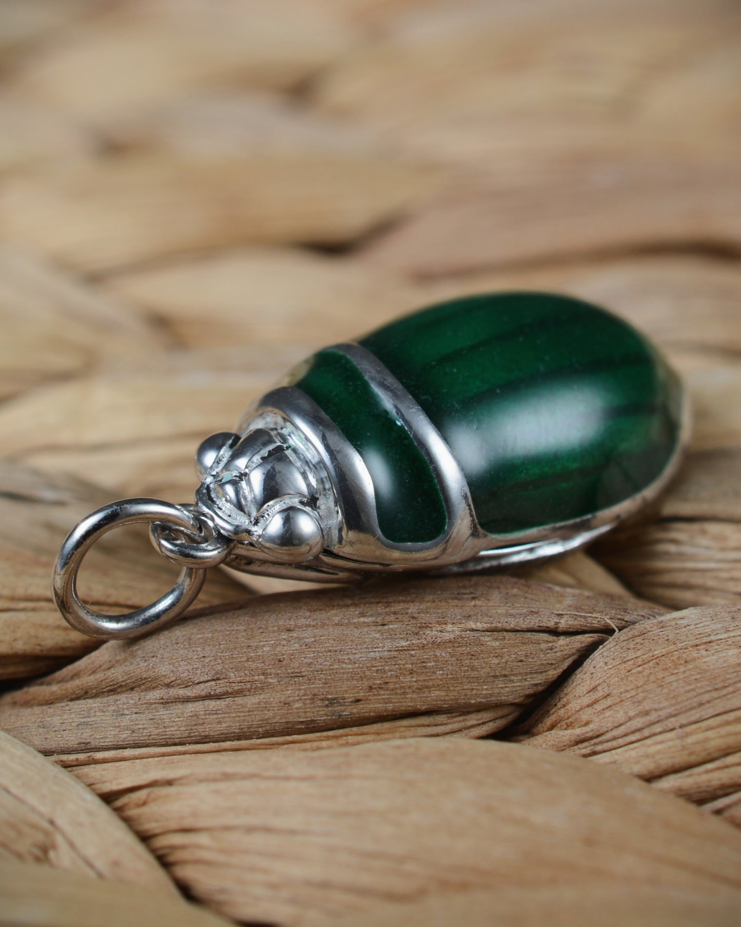 Mallard green beetle pendant. Enamelled silver diving beetle necklace.