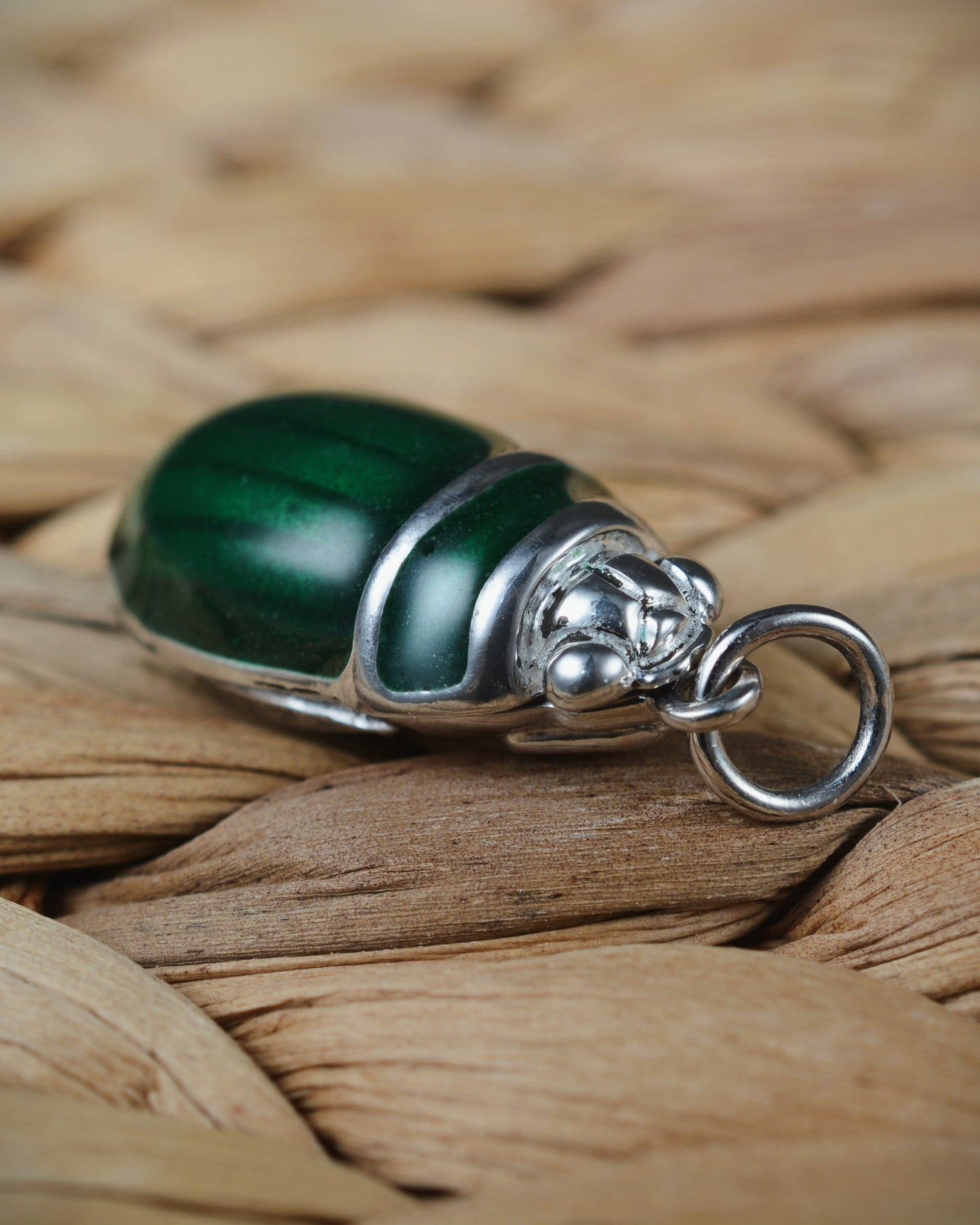 Mallard green beetle pendant. Enamelled silver diving beetle necklace.