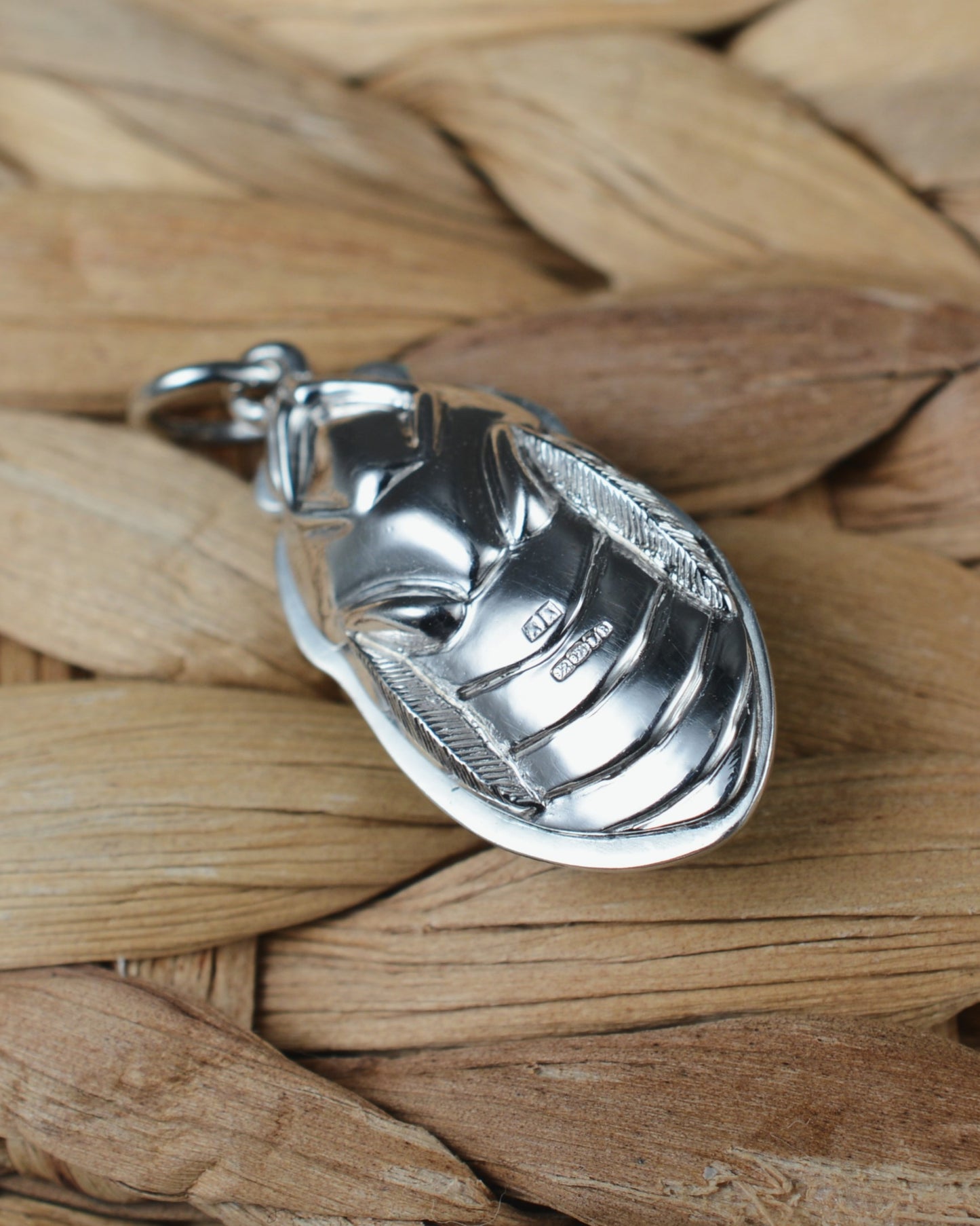 Mallard green beetle pendant. Enamelled silver diving beetle necklace.