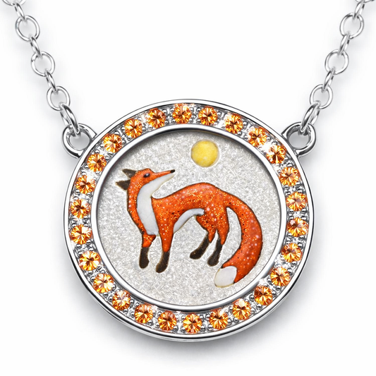Orange Sapphire and enamel fox pendant and chain.