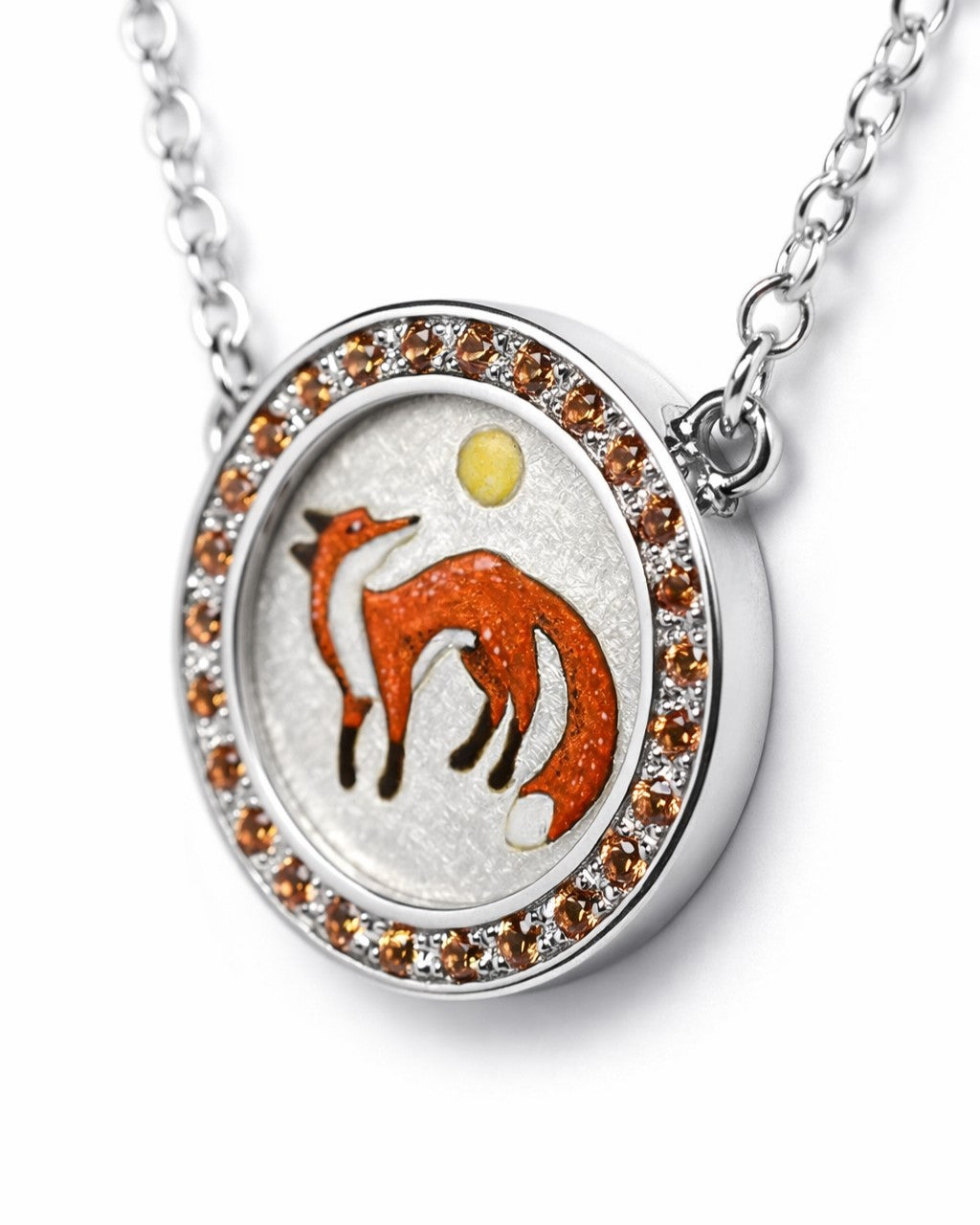 Orange Sapphire and enamel fox pendant and chain.