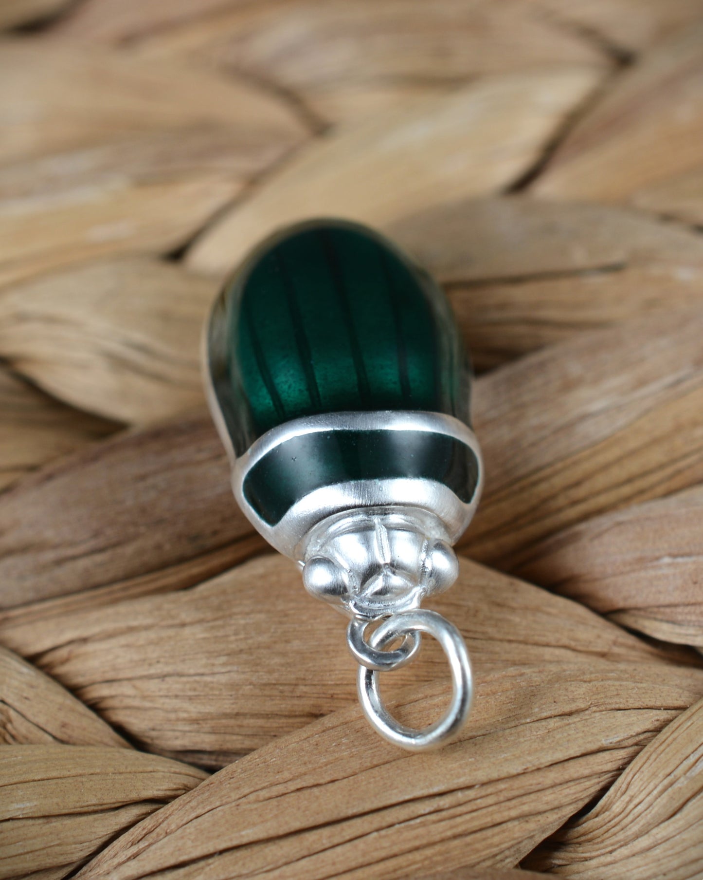 Emerald green beetle pendant. Satin finished silver diving beetle necklace.