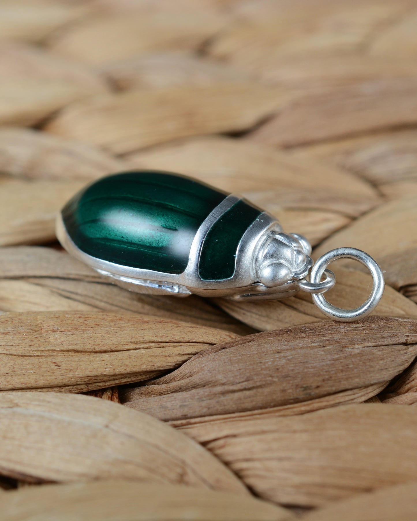 Emerald green beetle pendant. Satin finished silver diving beetle necklace.
