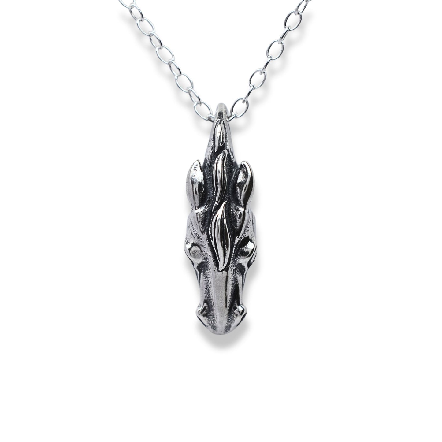 Solid sterling silver horse head pendant and chain. © Adrian Ashley