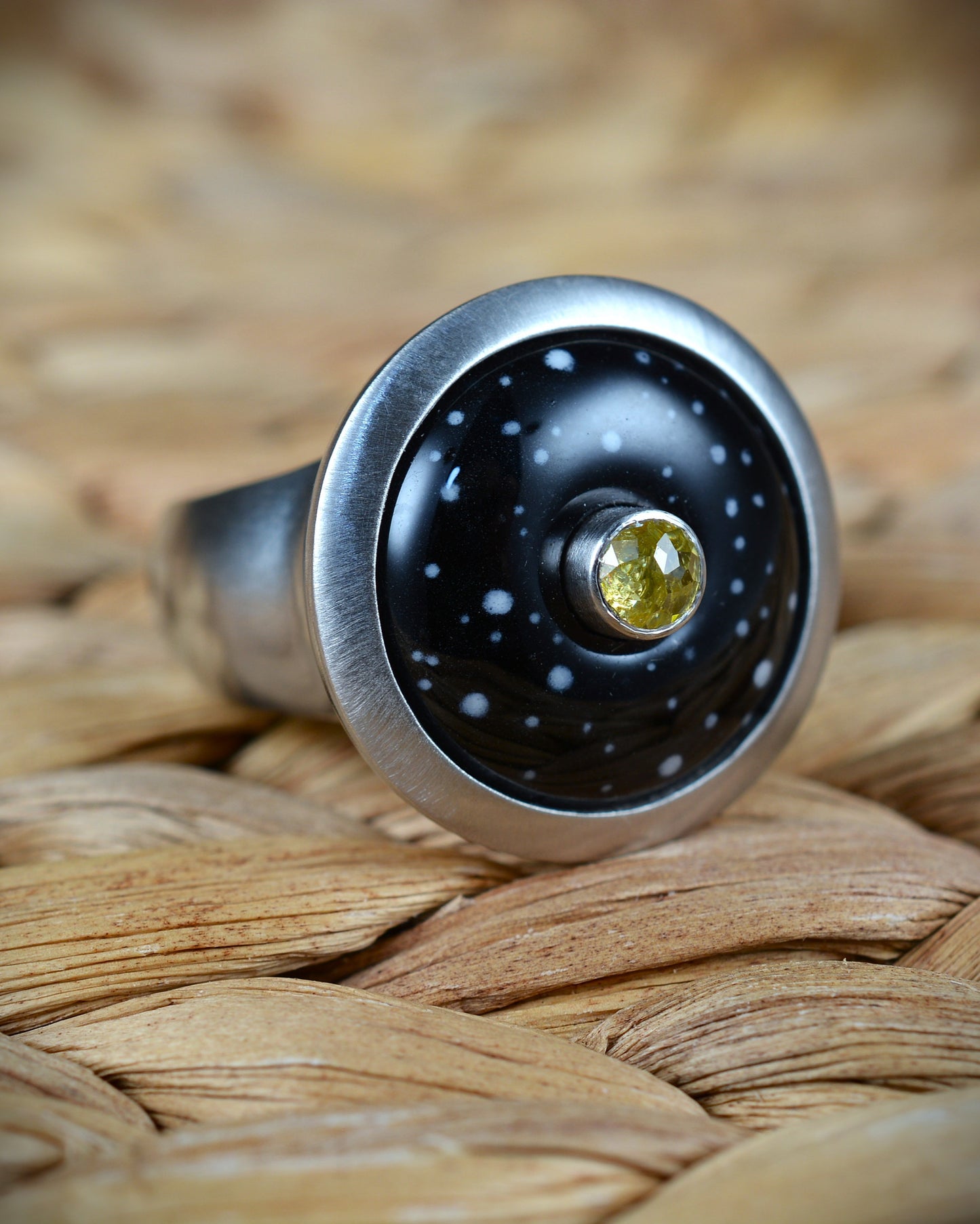 Enamelled diamond ring with a summer night's sky motif
