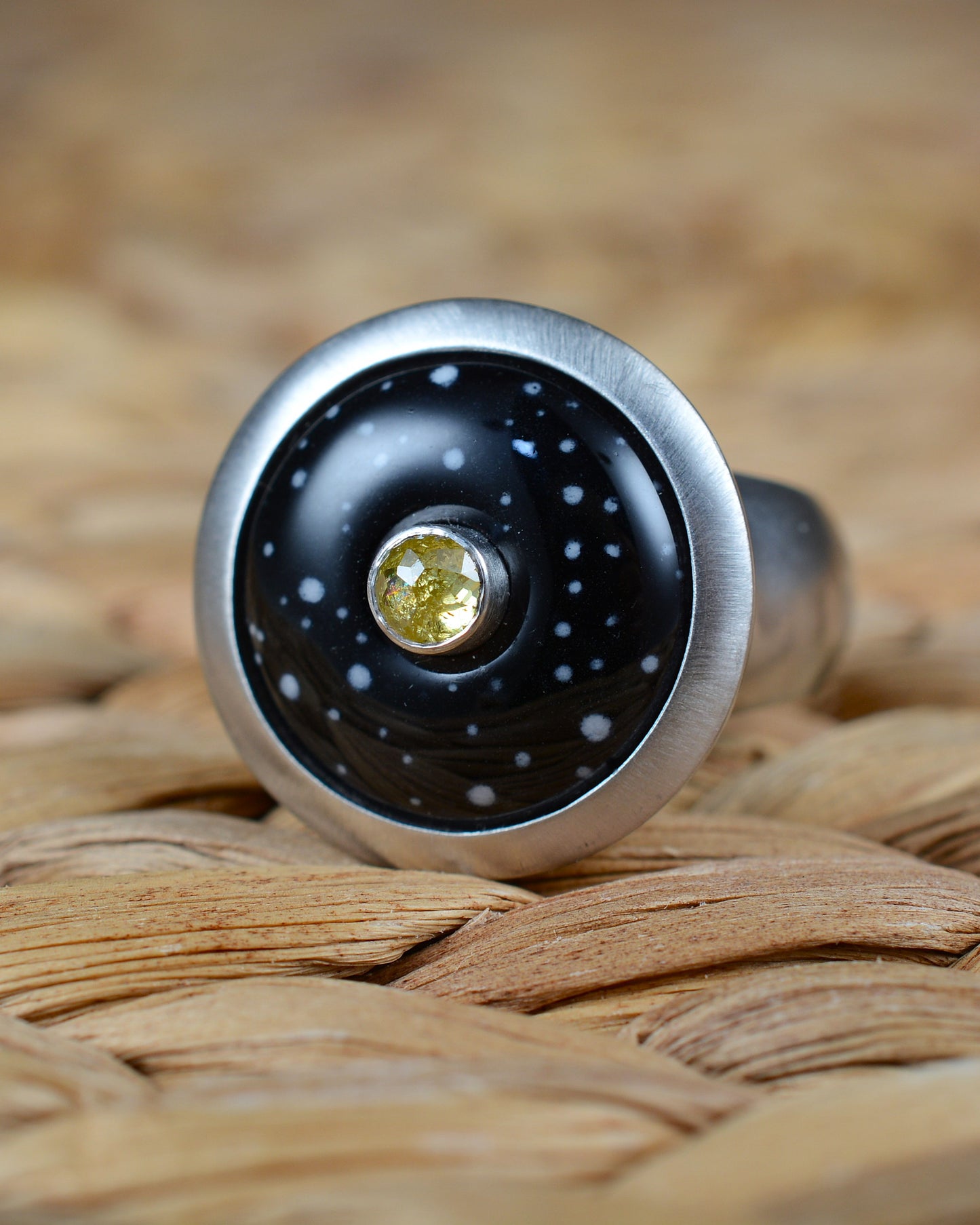 Enamelled diamond ring with a summer night's sky motif