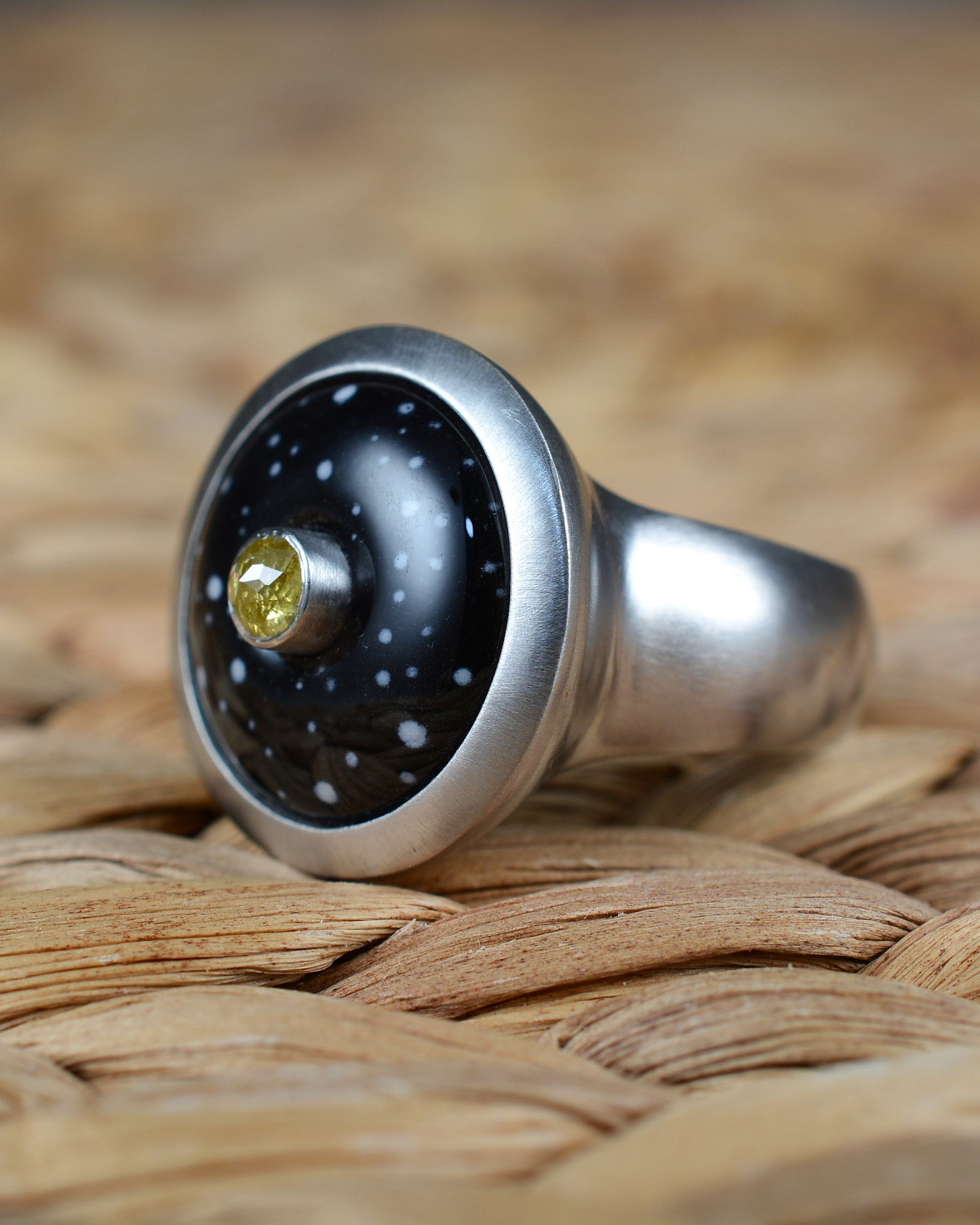 Enamelled diamond ring with a summer night's sky motif
