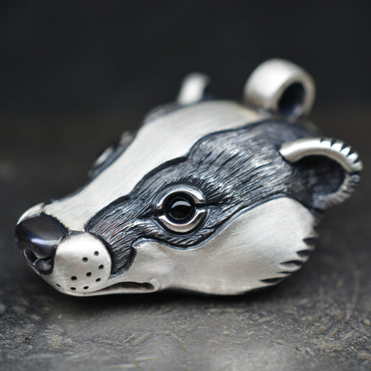 Badger necklace, large sterling silver badger head pendant with natural sapphire eyes. Handmade to order. © Adrian Ashley