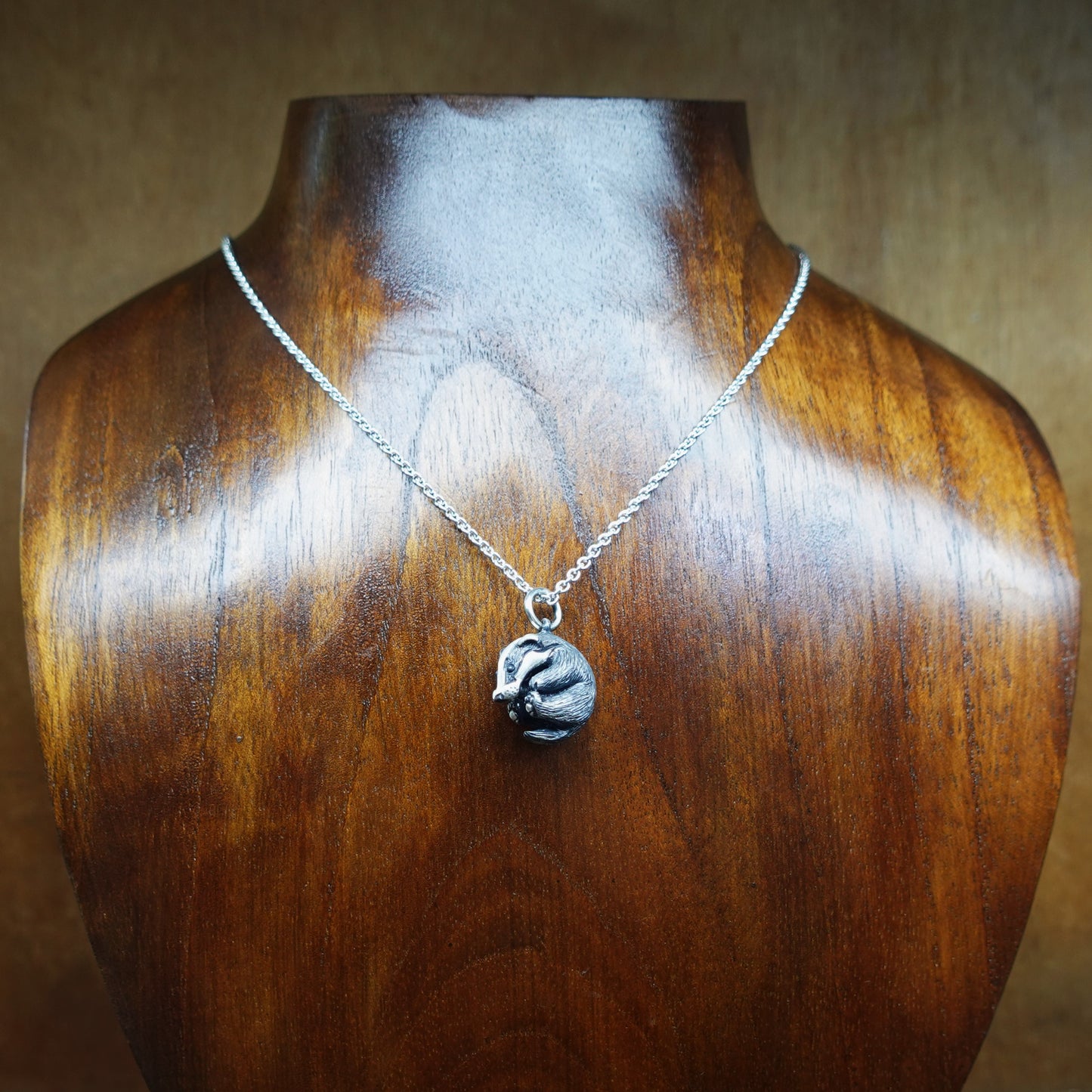 Baby badger necklace, sterling silver wildlife pendant © Adrian Ashley