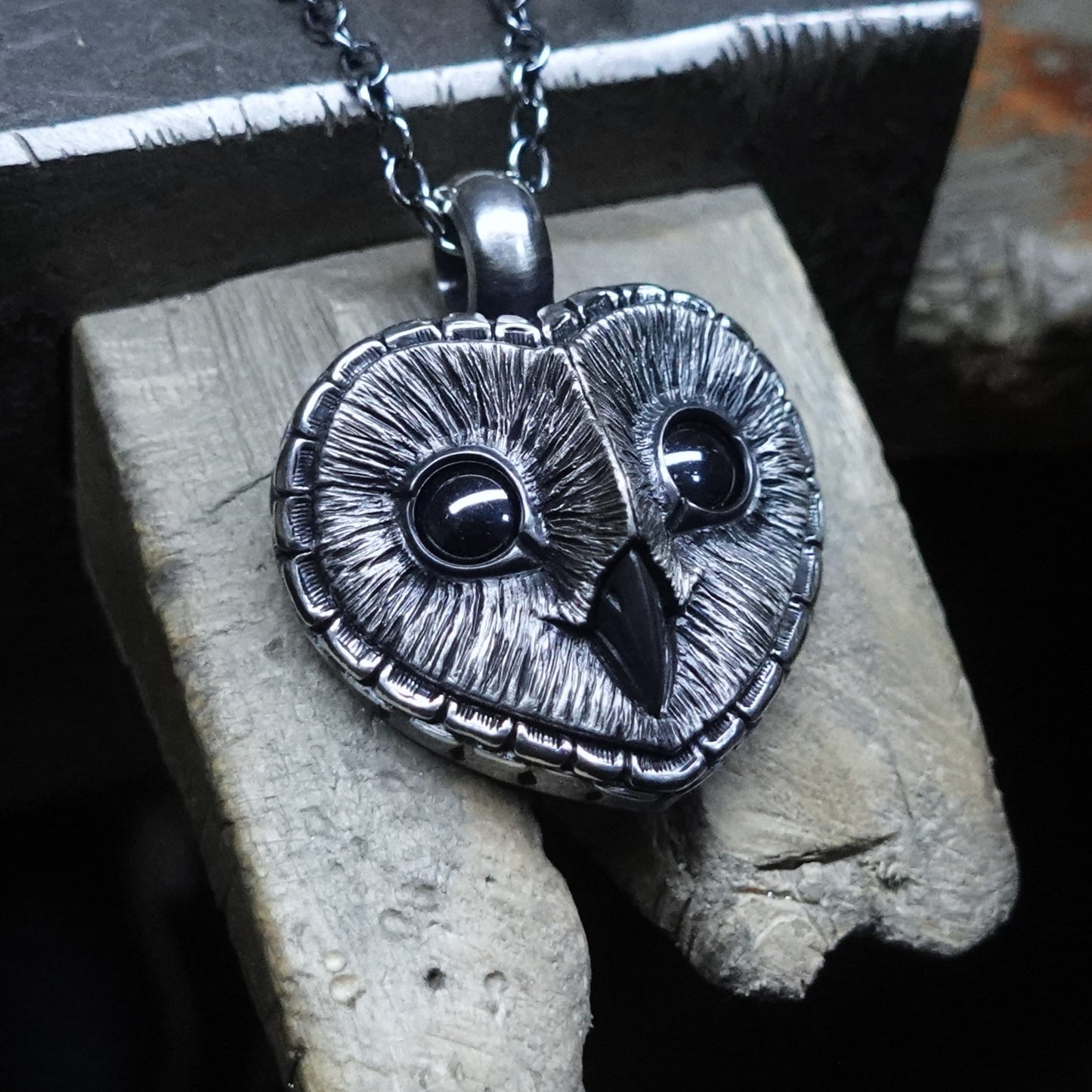 Black eyed Barn Owl necklace, large sterling silver Barn Owl pendant with black gemstone eyes and a silver chain.  *This piece is finished and ready to be shipped* © Adrian Ashley