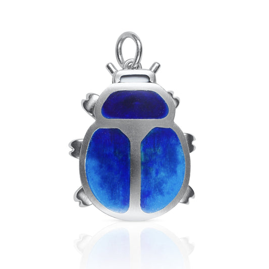 Blue Beetle pendant. Enamelled silver beetle necklace.
