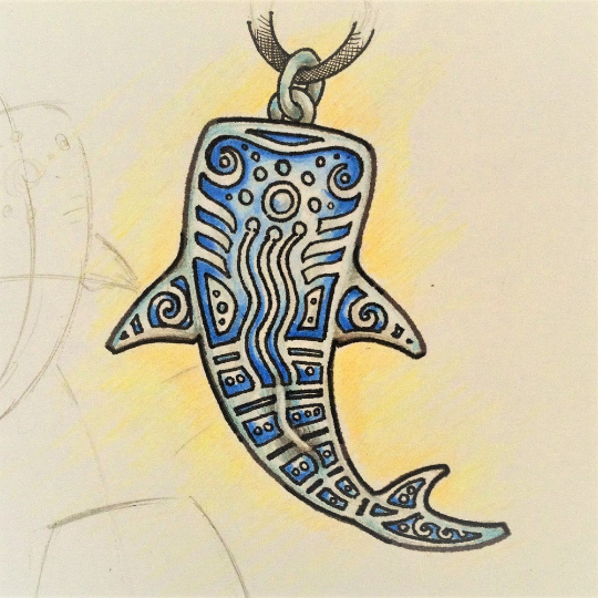 Tattoo whale shark necklace. Gold and diamond whale shark pendant with a blue patina. Handmade to order. © Adrian Ashley