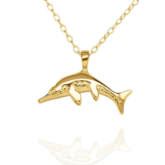 Gold vermeil Ichthyosaur charm pendant and chain. © Adrian Ashley