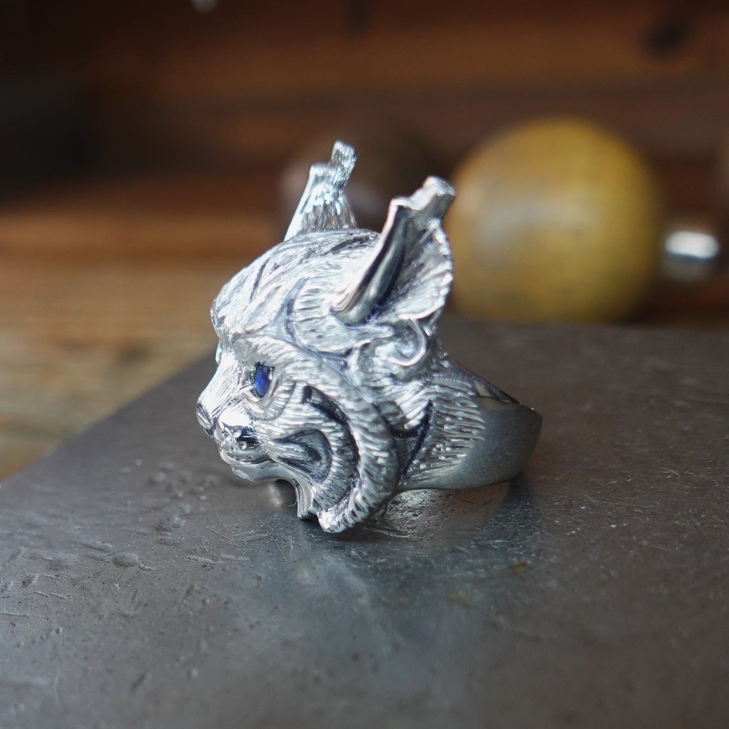 Silver lynx ring. Platinum plated sterling silver Lynx's head ring with natural gemstone eyes. *This piece is finished and ready to be shipped* © Adrian Ashley