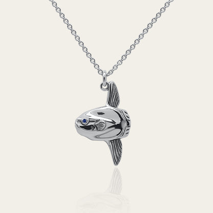 Mola mola necklace. Made from sterling silver with an antiqued finish, set with a gemstone eye. Ocean sunfish or moonfish © Adrian Ashley