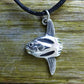 Mola mola necklace. Made from sterling silver with an antiqued finish, set with a gemstone eye. Ocean sunfish or moonfish © Adrian Ashley