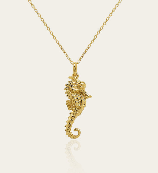 Gold plated silver Seahorse pendant and chain. © Adrian Ashley