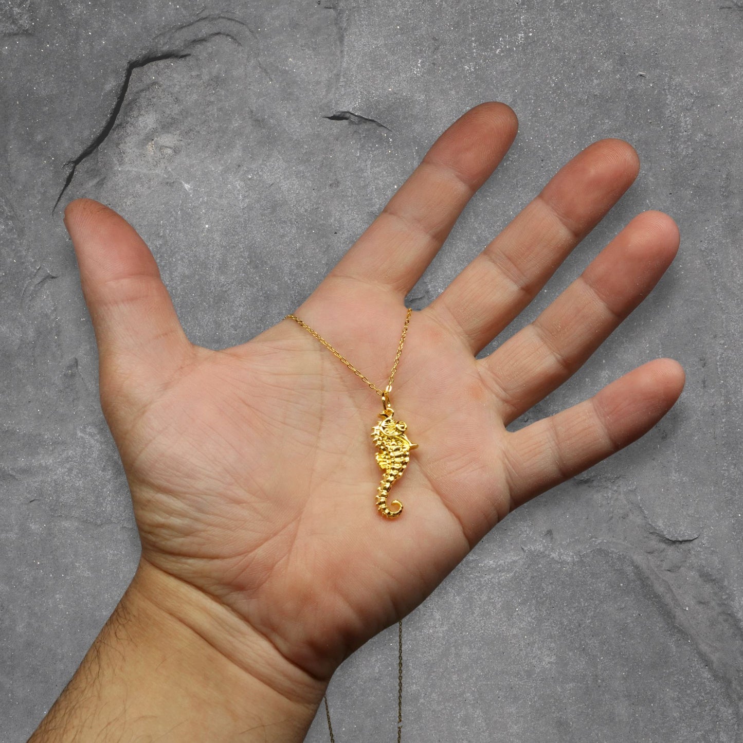 Gold plated silver Seahorse pendant and chain. © Adrian Ashley