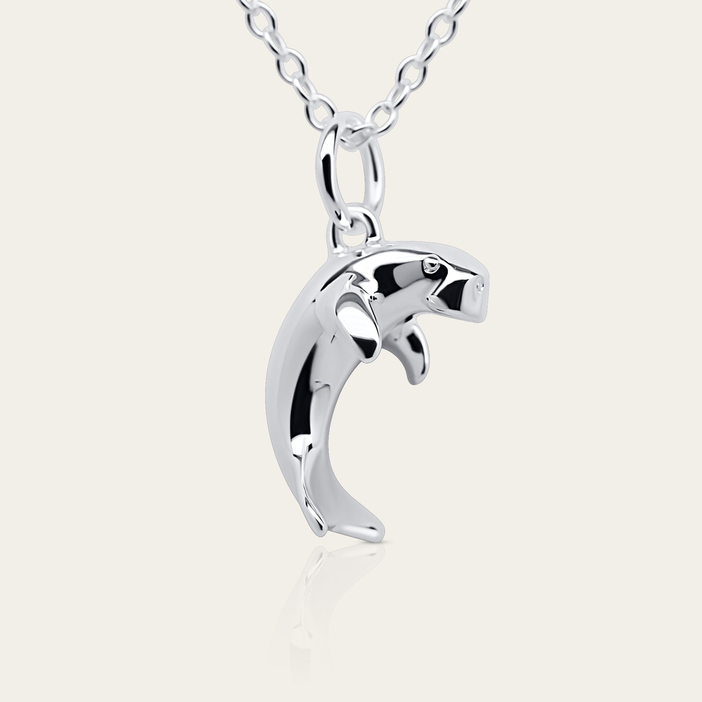 Dugong necklace, Made from highly polished, tarnish resistant silver, hung on a solid silver chain. © Adrian Ashley