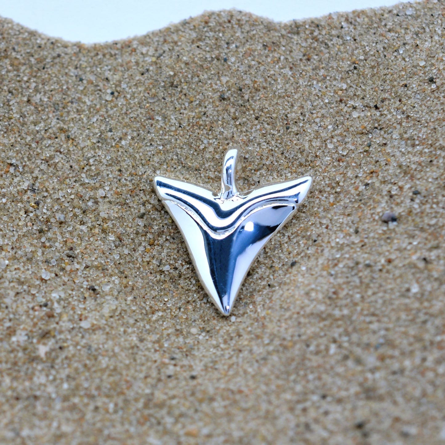 Shark tooth necklace. Classic shark's tooth charm made from highly polished, tarnish resistant silver, hung on a solid silver chain. © Adrian Ashley