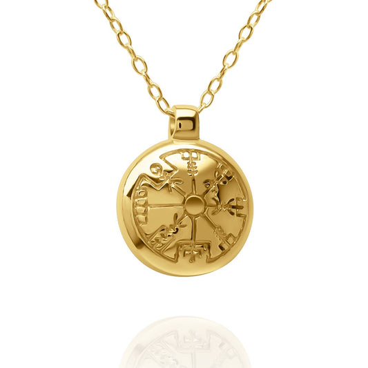 Gold vermeil Vegvísir charm pendant and chain. © Adrian Ashley