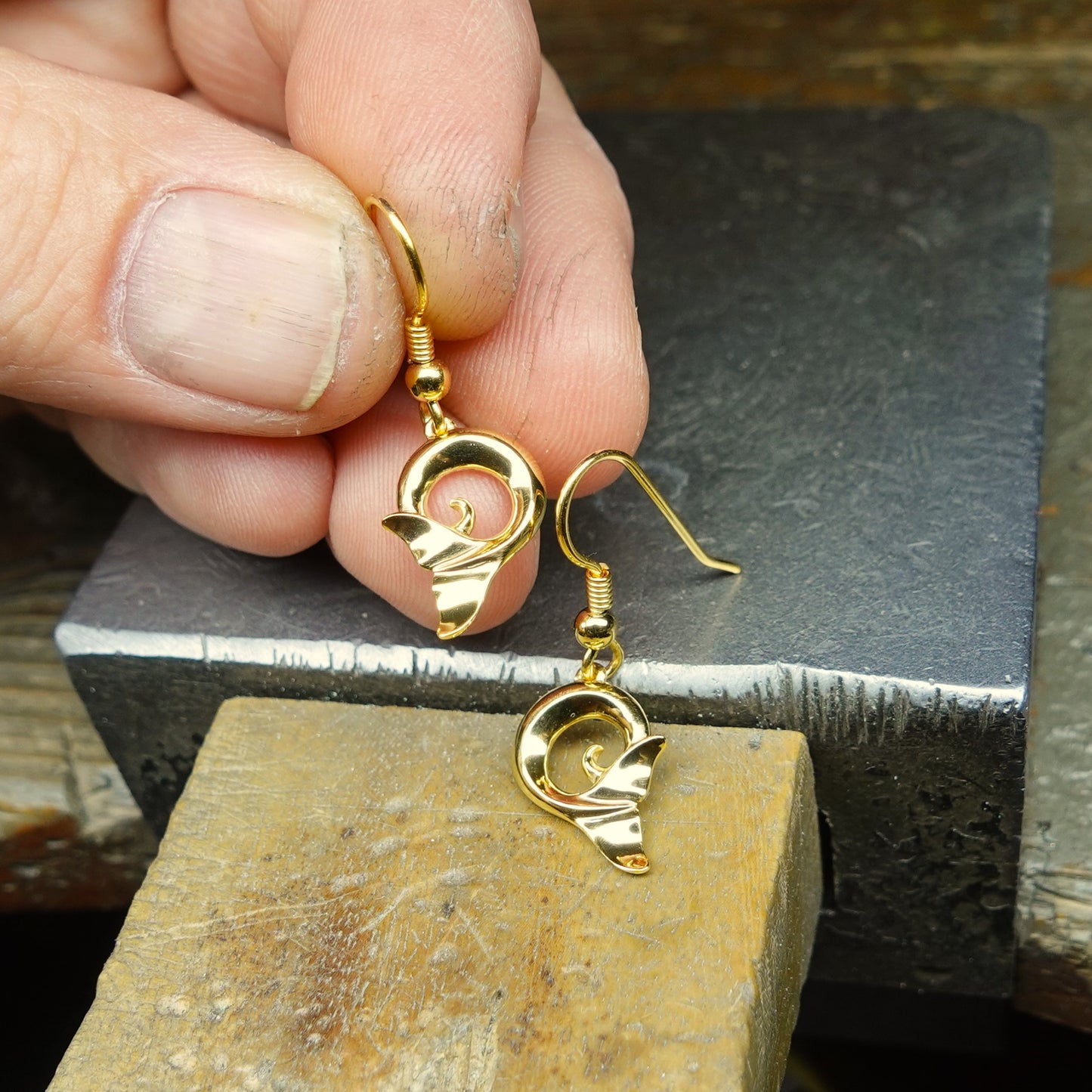 Whale tail earrings. Solid gold whale fluke earring designs with strong, gold, hook wires. This piece will be handmade for you.