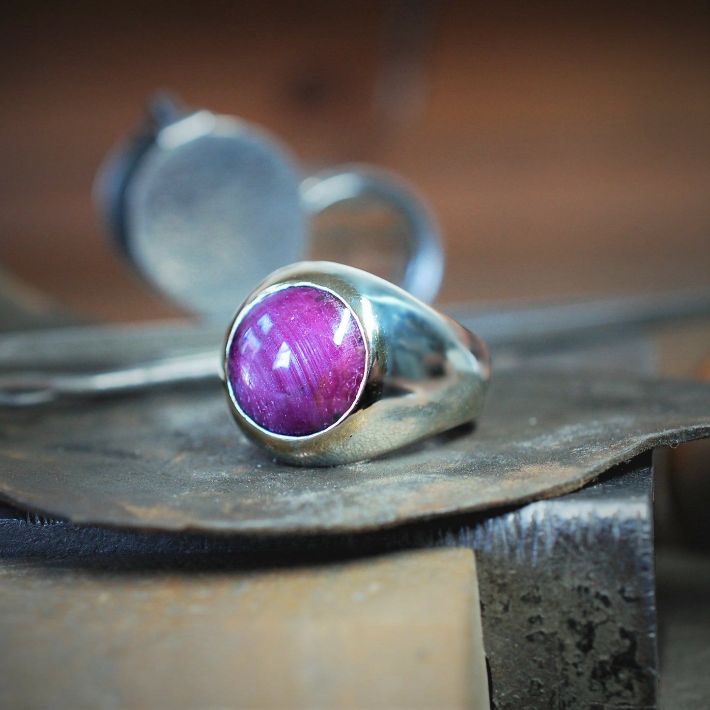 Purple sapphire ring, handmade solid silver and gold ring set with a large natural sapphire, UK size T, US size 10. Hand made by Adrian Ashley