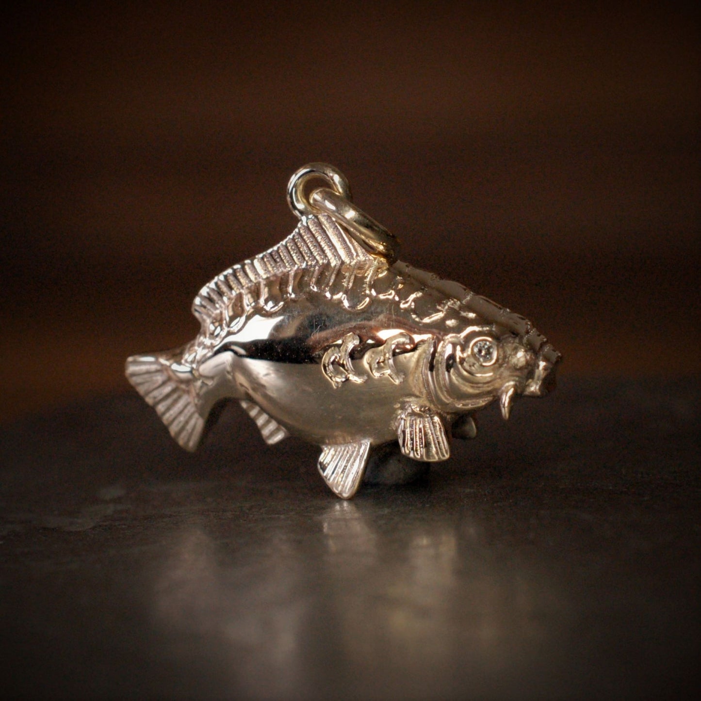 3D Carp pendant, gold and diamond carp fishing necklace. Ideal fishermans gift. Made to order in the United Kingdom © Adrian Ashley