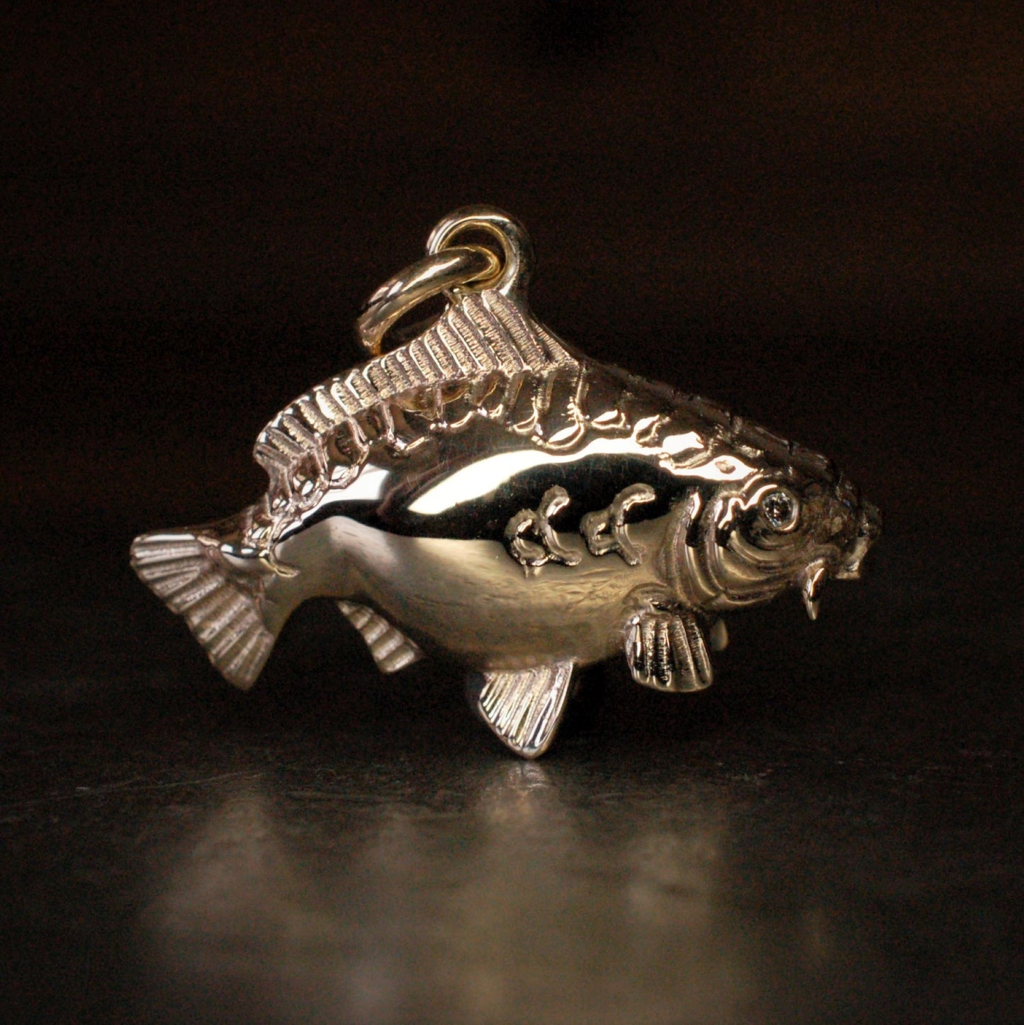 3D Carp pendant, gold and diamond carp fishing necklace. Ideal fishermans gift. Made to order in the United Kingdom © Adrian Ashley