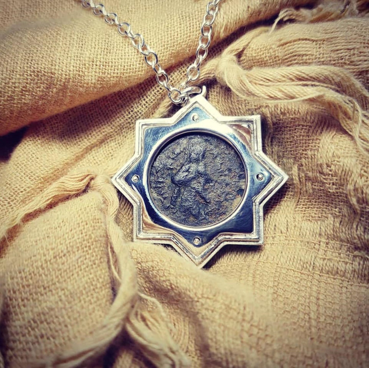 Ancient Islamic coin necklace Sterling silver talisman Genuine 1300 year old historically important coin. Solid silver chain *This piece is finished and ready to be shipped* © Adrian Ashley