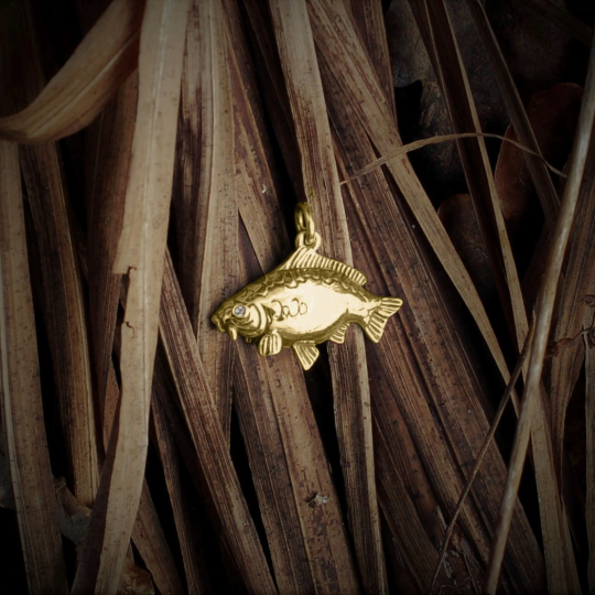 Gold and diamond Mirror Carp pendant, carp fishing necklace, ideal fishermans gift. Hand made to order. © Adrian Ashley