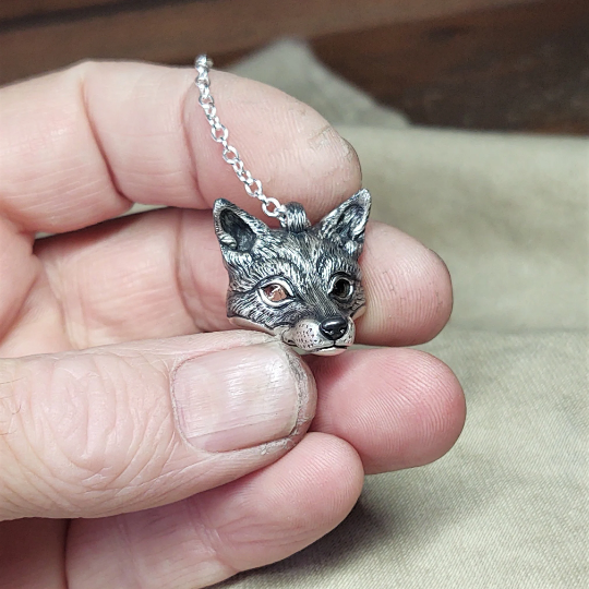 Small silver fox Necklace. Fox's head pendant in sterling silver with citrine eyes and a silver chain. Hand made to order. © Adrian Ashley