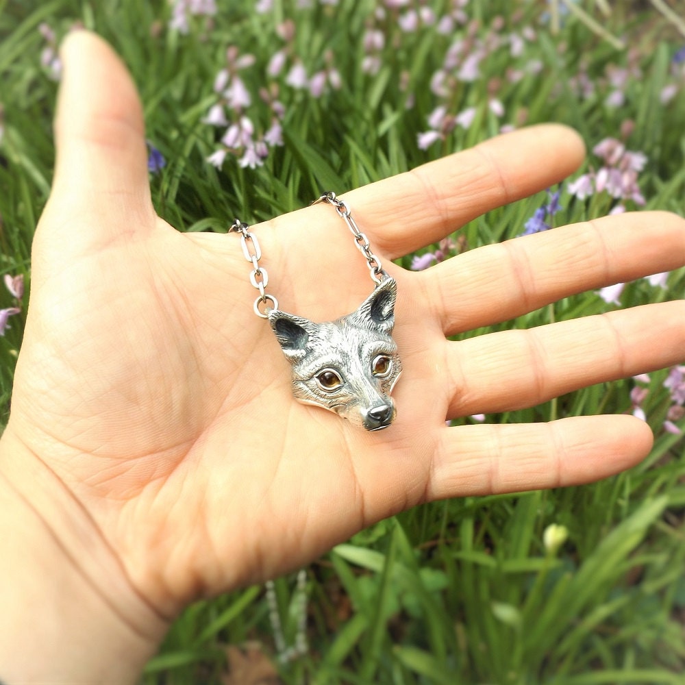 Fox Necklace, sterling silver fox head pendant with citrine eyes and silver chain. This piece is finished and ready to be shipped. © Adrian Ashley