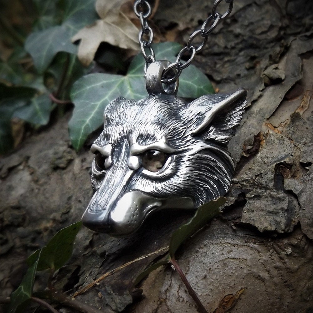 Silver wolf necklace. Wolf head pendant and solid silver chain with smoky quartz eyes. *This piece is finished and ready to be shipped* © Adrian Ashley