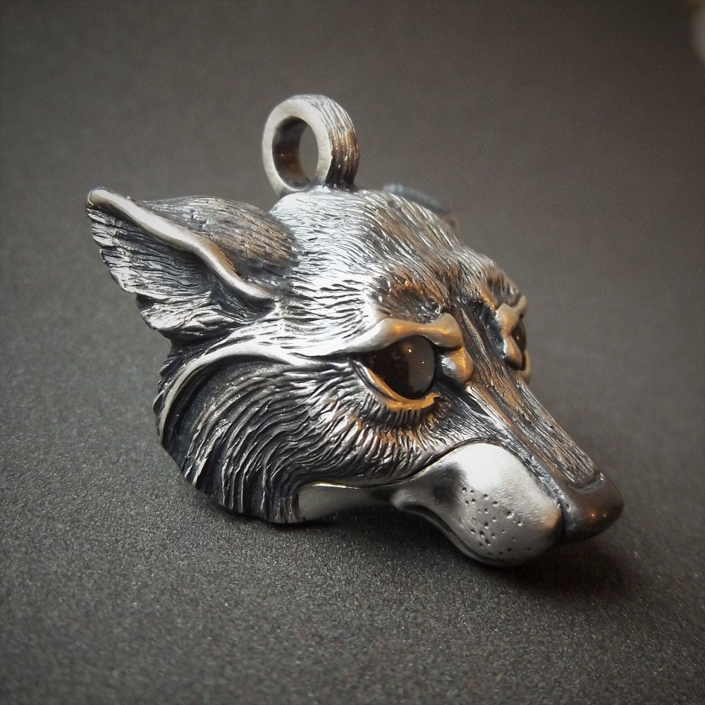 Silver wolf necklace. Wolf head pendant and solid silver chain with smoky quartz eyes. *This piece is finished and ready to be shipped* © Adrian Ashley