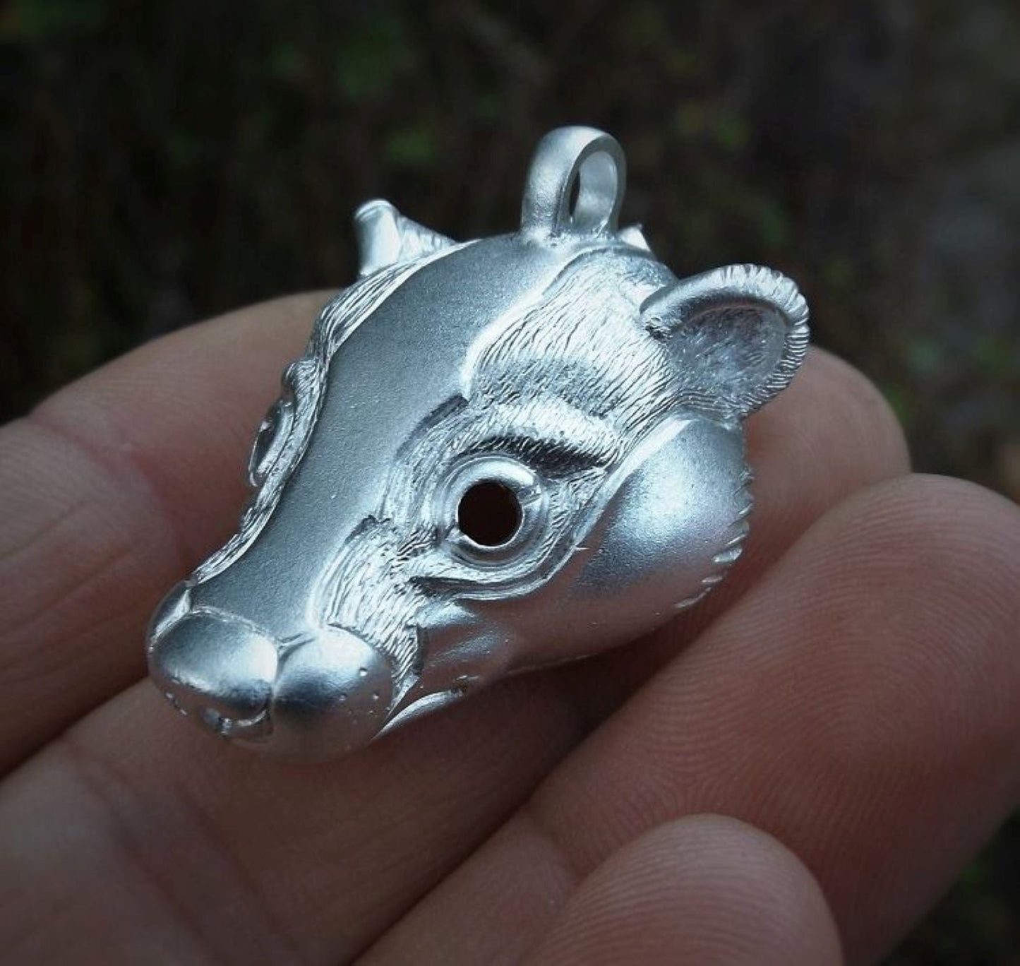 Badger necklace, large sterling silver badger head pendant with natural sapphire eyes. Hand made to order © Adrian Ashley