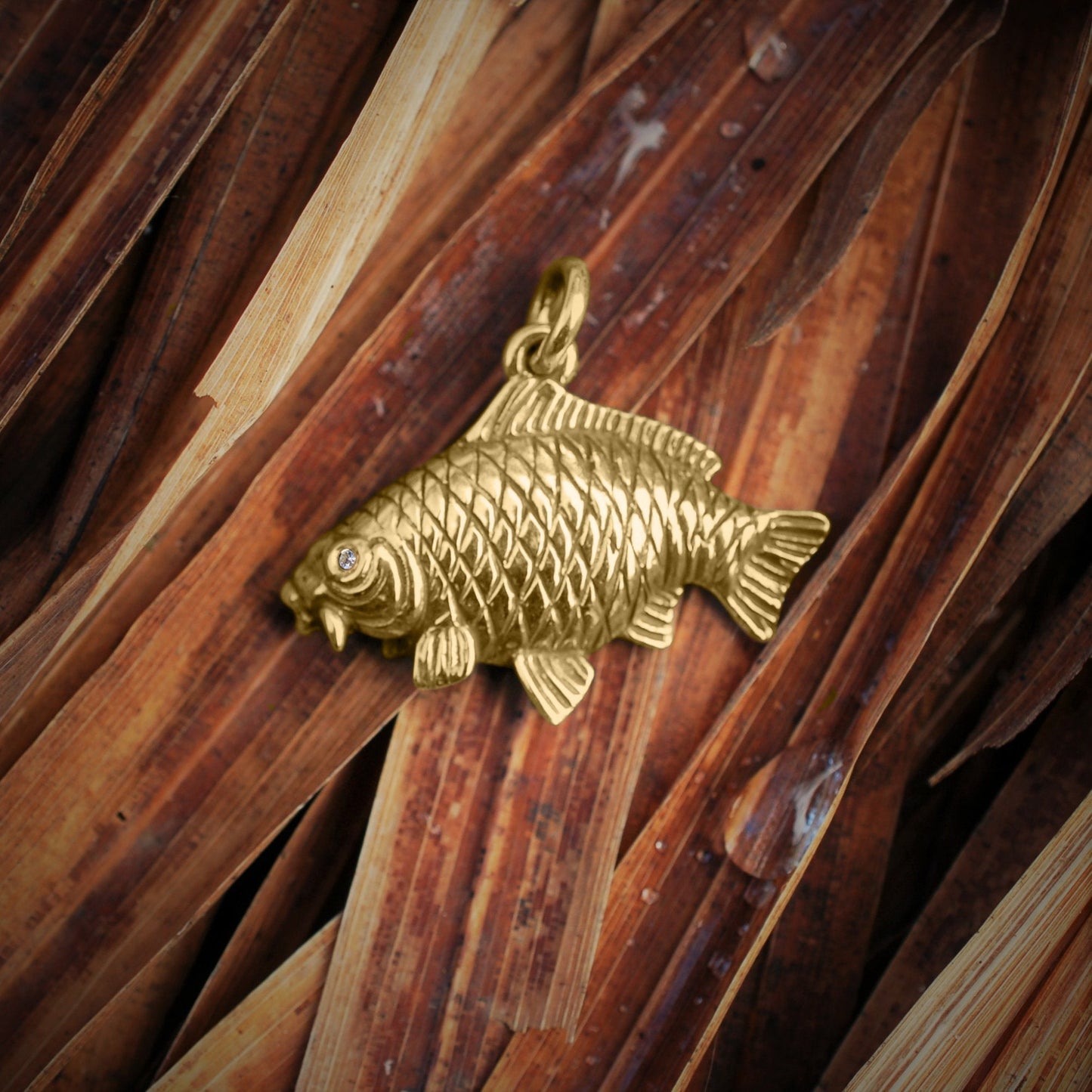 Gold and diamond carp pendant, carp fishing necklace, ideal fishermans gift. Hand made to order. © Adrian Ashley