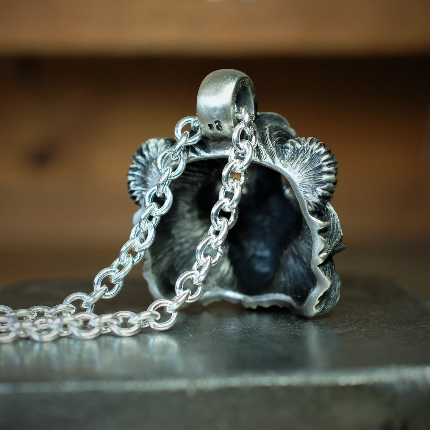 Noble Lion Pendant, very heavy, solid sterling silver lion’s head and chain set with sunstone eyes. Hand made to order. © Adrian Ashley