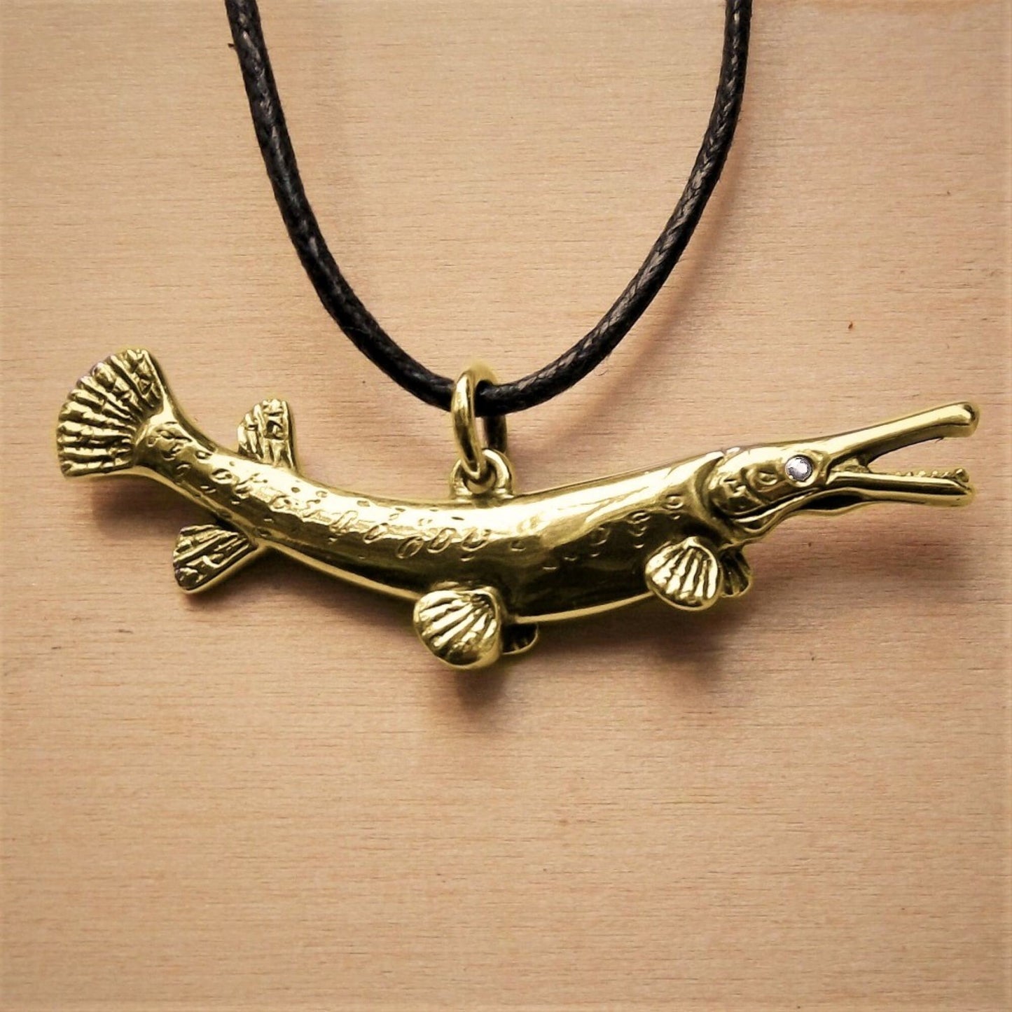 Gold gar necklace, garpike, or alligator gar fishing necklace, gold and diamond fisherman's charm pendant, made to order. © Adrian Ashley