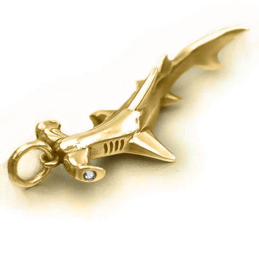 Hammerhead shark necklace. Gold and diamond hammerhead shark charm pendant. Hand made to order. © Adrian Ashley