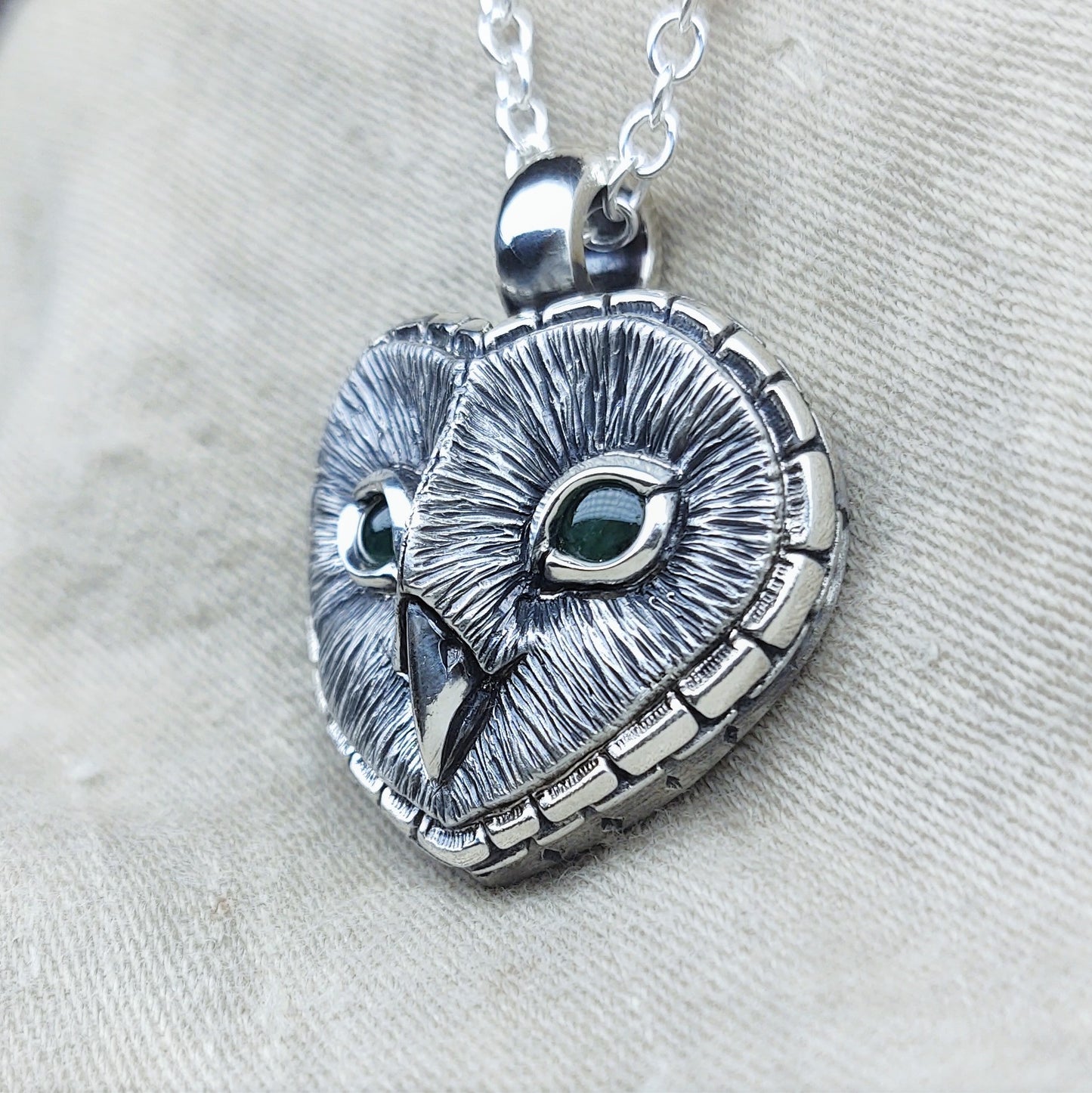 Emerald Barn Owl necklace, large sterling silver Barn Owl pendant with natural emerald eyes.  *This piece is finished and ready to be shipped* © Adrian Ashley
