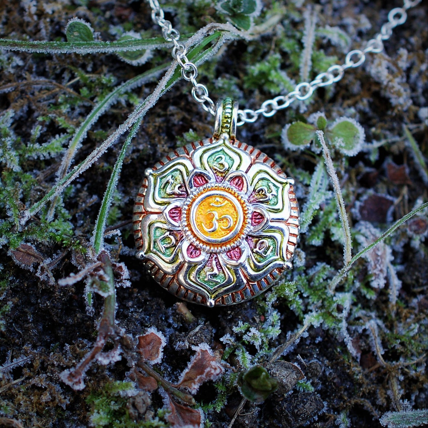Chakra Mandala necklace, silver pendant and chain with a coloured patina and platinum coating, meditation, yoga or mindfulness amulet. *This piece is finished and ready to be shipped* © Adrian Ashley