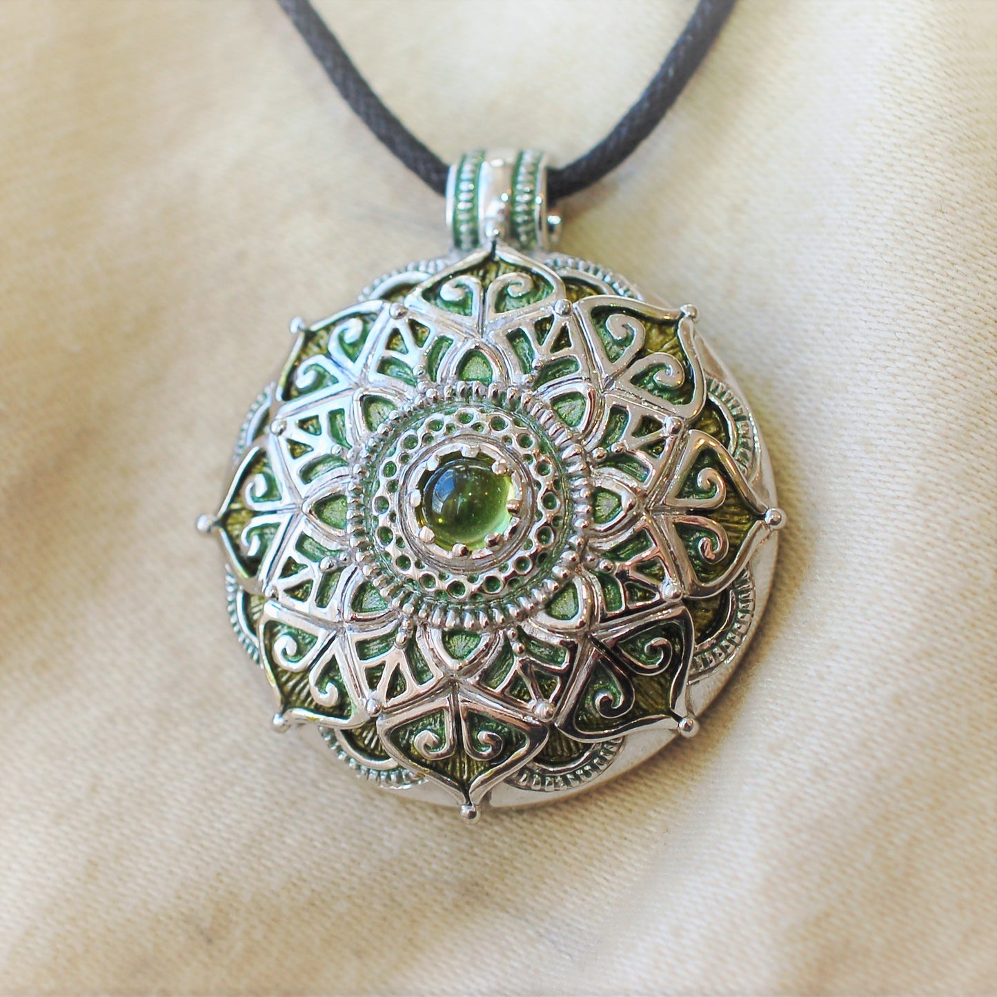 Mandala necklace, sterling silver and peridot necklace, green patina, meditation, yoga or mindfulness amulet. *This piece is finished and ready to be shipped* © Adrian Ashley