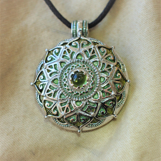 Mandala necklace, sterling silver and peridot necklace, green patina, meditation, yoga or mindfulness amulet. *This piece is finished and ready to be shipped* © Adrian Ashley